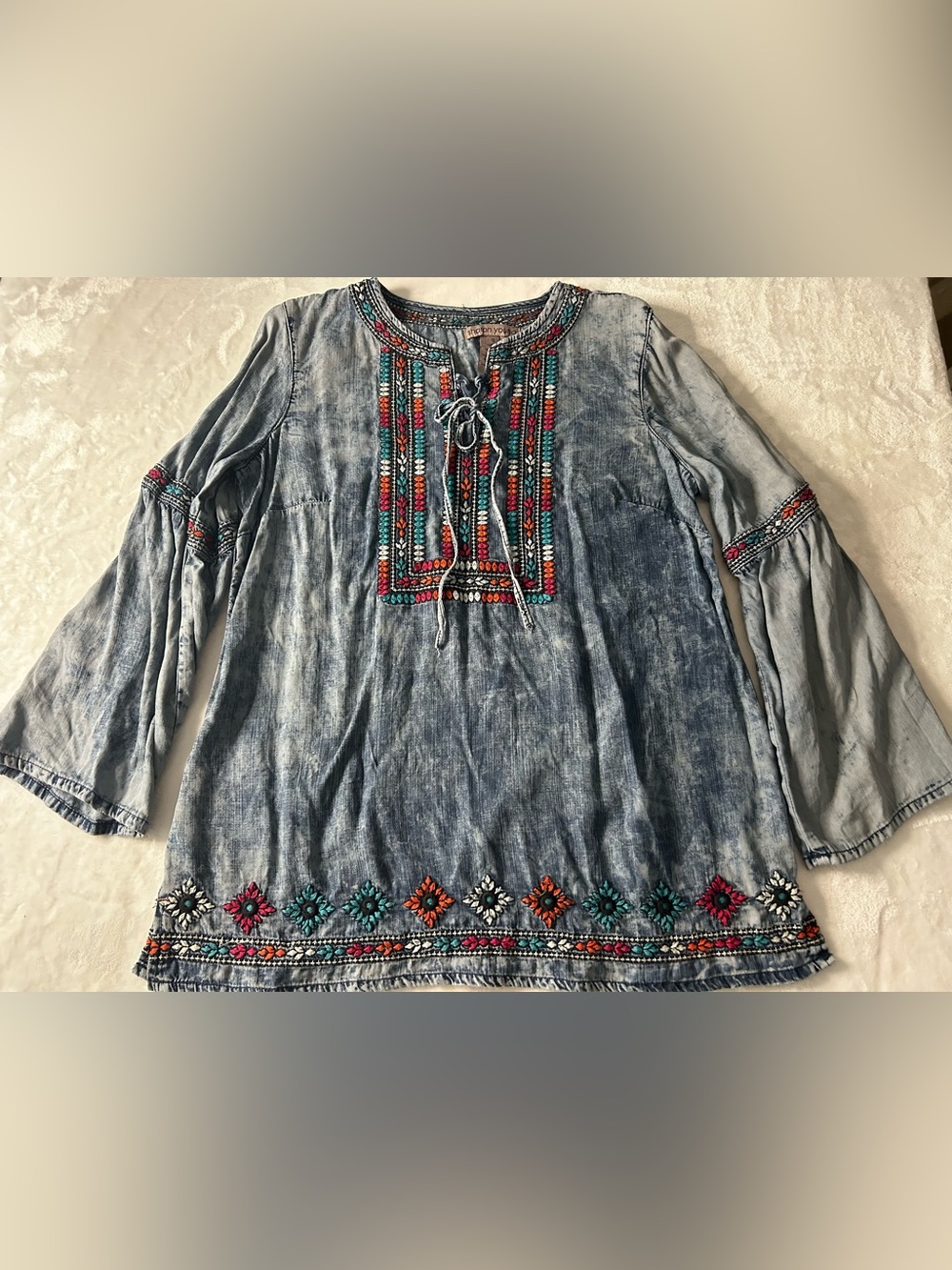 Sharon Young Boho Embroidered Acid Wash Denim Peasant Blouse Flare Sleeve Small